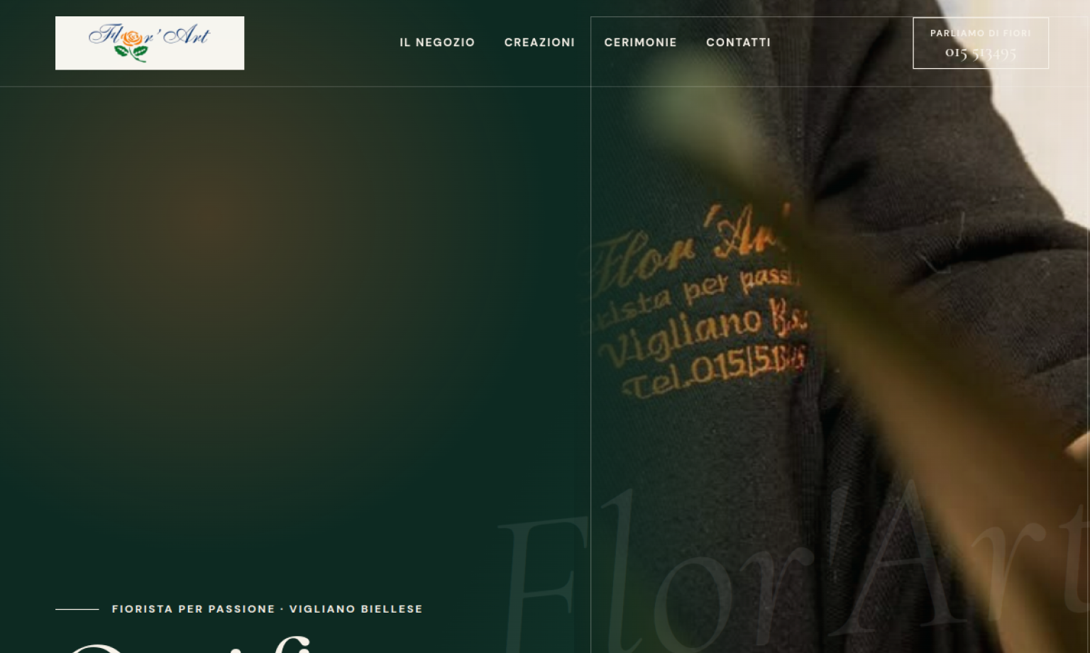 Sito web di Flor'Art, fiorista a Vigliano Biellese, con sezioni dedicate a bouquet, cerimonie e piante